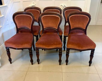 Antieke Victoriaanse set van 6 mahoniehouten eetkamerstoelen met tulpenpoten