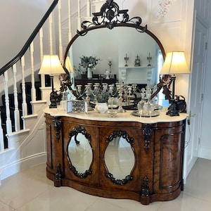 Outstanding Quality Antique Victorian Burr Walnut Carved Mirror Back Credenza