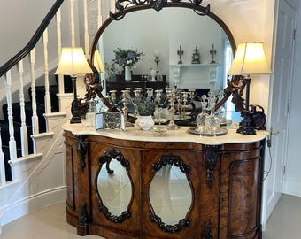 Outstanding Quality Antique Victorian Burr Walnut Carved Mirror Back Credenza