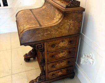 Antique Victorian Burr Walnut Floral Marquetry Piano Top Davenport Desk