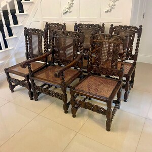 Set of Six Antique Victorian Quality Carved Oak Dining Chairs