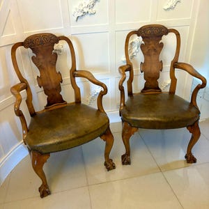 Outstanding Quality Pair of Antique Victorian Carved Walnut Desk Chairs