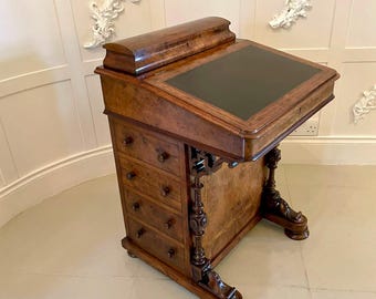 Antique Victorian Burr Walnut Inlaid Freestanding Davenport