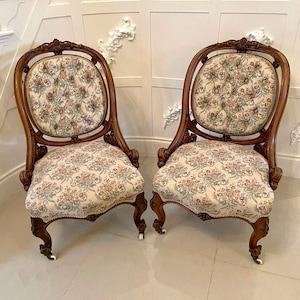 Outstanding Quality Antique Victorian Pair of Carved Walnut Chairs