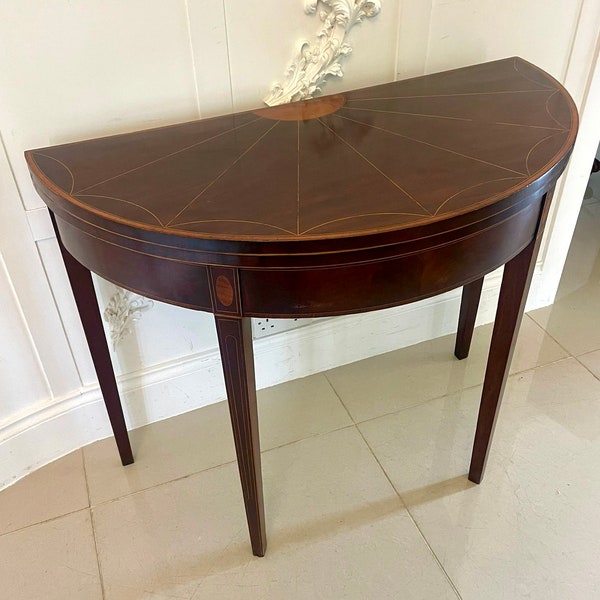 Fine Quality Antique George III Mahogany and Satinwood Inlaid Demi Lune Shaped Card / Console Table