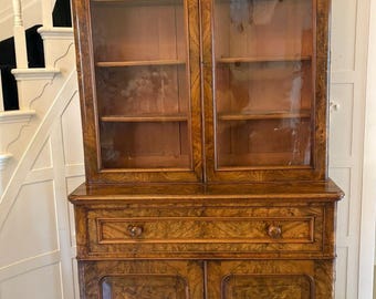 Antique Victorian Outstanding Quality Burr Walnut Secretaire Bookcase