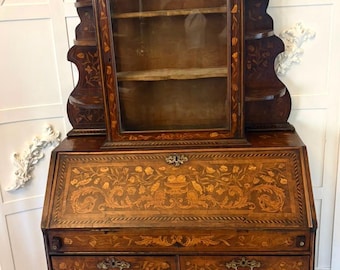 Antique Dutch Marquetry Walnut Bureau Bookcase Desk Cabinet