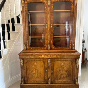Outstanding Quality Antique Victorian Burr Walnut Marquetry Inlaid Ormolu Mounted Bookcase Cabinet