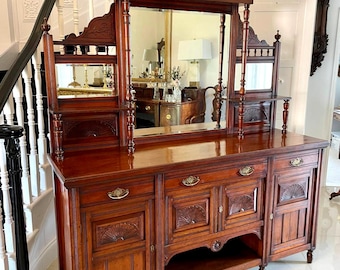 Antique Victorian Carved Walnut Mirror Back Sideboard
