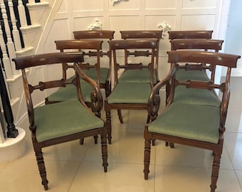 Antique Regency Mahogany Set of 8 Dining Chairs with Scroll Arm Carvers