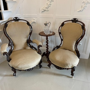 Outstanding Antique Pair of Victorian Carved Walnut Chairs