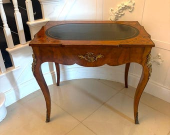 Antique French Walnut Marquetry Inlaid Freestanding Writing Desk Bureau Plat Leather Top