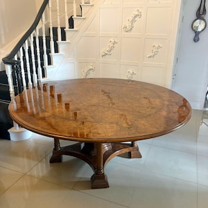 Antique Exceptional Quality Burr Walnut Circular Extending Dining Table Seating 10 with Radial Leaves & Matching Burr Walnut Leaf Holder