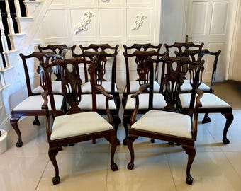 Antique Set of 10 Irish Mid 19th Century Carved Mahogany Dining Chairs Carvers Ball & Claw Feet