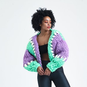 Chunky Knit Cardigan , Chunky Cardigan Patchwork , Unique&Wool , Merino Wool Cardigan , Knit Jacket for Woman and Men