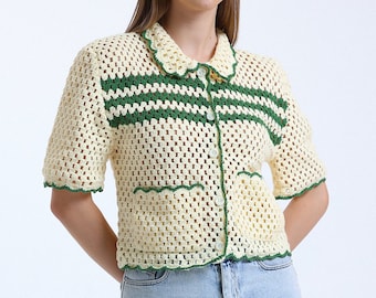 Koszula z dzianiny szydełkowej, bawełniany top letni w stylu vintage
