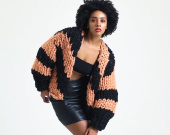 Chunky Knit Merino Wool Cardigan, Patchwork Jacket