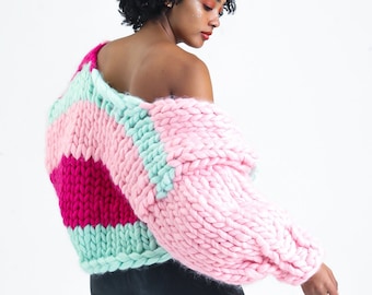 Chunky Knit Merino Wool Cardigan, Patchwork Jacket