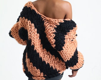 Chunky Knit Merino Wool Cardigan, Patchwork Knit Jacket