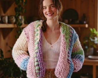 Handmade Chunky Knit Merino Wool Cardigan, Colorful Fluffy Sweater