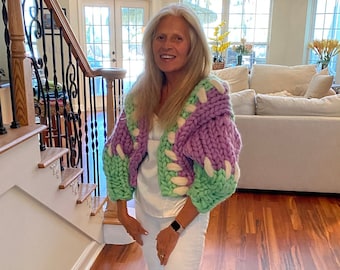 Handmade Chunky Knit Merino Wool Cardigan, Patchwork Jacket
