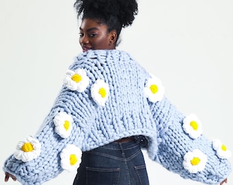 Handmade Chunky Knit Merino Wool Cardigan, Oversized Floral Design