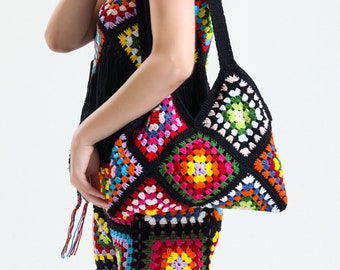 Handmade Crochet Granny Square Bag, Cotton Shoulder Tote