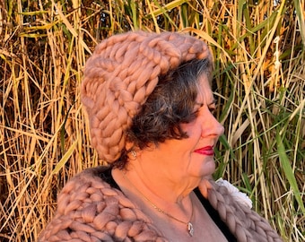 Gorro de lana merino grueso tejido a mano, gorro holgado de invierno