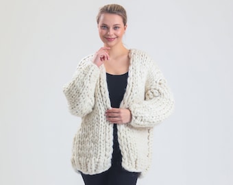 Handmade Chunky Merino Wool Knit Cardigan, Oversized Jacket