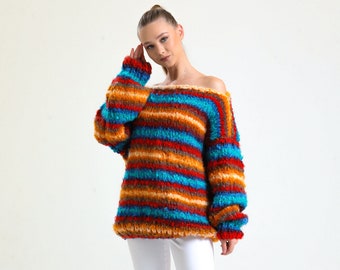 Off-the-shoulder Sweater, Oversized Jumper, Striped Cozy Pullover, Chunky Knit Sweater for Women