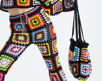 Crochet Granny Square Pants, Colorful Patchwork, Boho Hippie Style