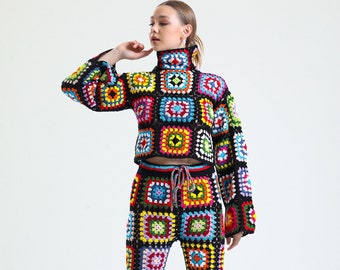 Patchwork Sweater , Pants , Bag  , Crochet Cotton Sweater Pants, Colorful Crochet Sweater, Granny Square Sweater, Granny Square Pants