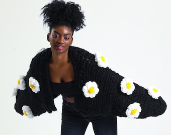 Handmade Black Merino Wool Floral Cardigan, Chunky Knit Jacket
