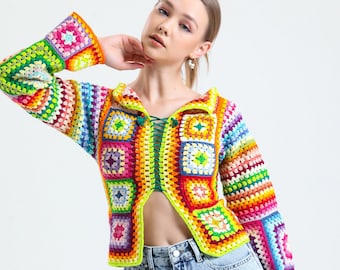 Crochet Patchwork Granny Square Cardigan, Colorful 100% Cotton