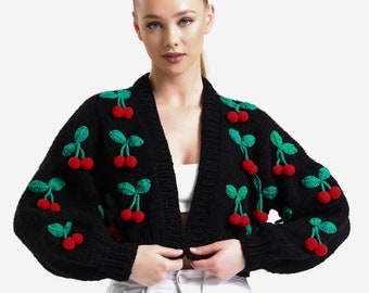 Cherry Embroidered Cardigan, Knit Cardigan, Knit Crop Jacket for Women, Cherry Crochet Sweater, Mothers day gift, Mom gift