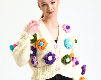 Chunky Summer Floral Cardigan, Daisy Knit Jacket, Floral Knit Wear, Summer Knit Cardigan, Cropped Cardigan, Flower Cardigan