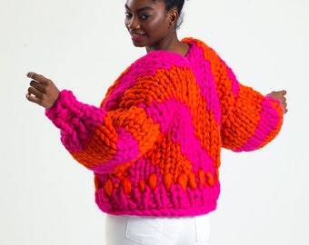 Design Chunky Knit Cardigan , Chunky Cardigan Patchwork , Merino Wool Cardigan , Knit Jacket for Woman