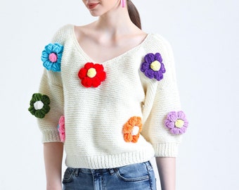 Chunky Summer Floral Sweater, Daisy Knit jumper, Floral Knit Wear, Summer Knit pullover, Cropped V neck sweater, Flower Sweater