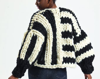 Chunky Knit Merino Wool Cardigan, Black & Ecru Patchwork Jacket