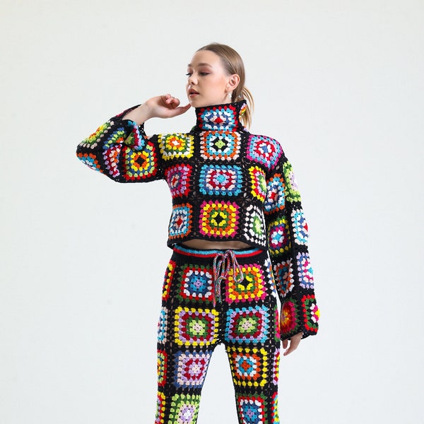 Patchwork Sweater , Pants , Bag  , Crochet Cotton Sweater Pants, Colorful Crochet Sweater, Granny Square Sweater, Granny Square Pants