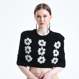 Suéter de poncho de bordado de punto a mano de lana, suéter de tops, encogimiento de hombros de mujer de punto, suéter de capas de bordado de ganchillo floral imagen 1