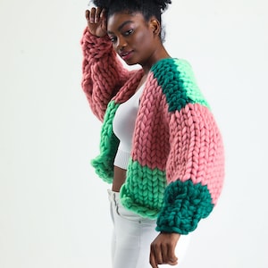 Design Chunky Knit Cardigan , Chunky Cardigan Patchwork , Unique&Wool , Merino Wool Cardigan , Knit Jacket for Woman