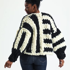 Chunky Knit Cardigan , Black&Ecru Chunky Cardigan Patchwork , Merino Wool Cardigan , Knit Jacket for Woman