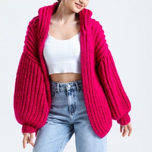 Chunky Cardigan, Balloon Sleeves Cardigan, Hand Knit Wool Cardigan, Crochet Oversize Cardigan, Open Front Cardigan, Pink Hoodie,Gift for mom