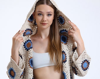 Granny Square Crochet Cardigan, Patchwork Cotton, Oversized Fit