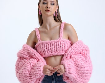 Chunky Knit Cardigan , Veste en tricot colossal rose , Cardigan en laine mérinos , Bralette en tricot colossal , Bralette en tricot Chunky , Tricots Chunky