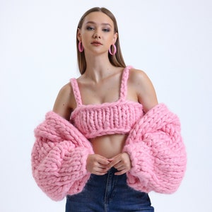 Chunky Knit Cardigan , Pink Collossal Knit Jacket , Merino Wool Cardigan , Colossal Knit Bralette , Chunky Knit Bralette , Chunky Knitwear