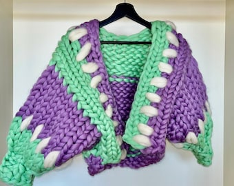 Handmade Chunky Knit Merino Wool Patchwork Cardigan