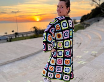 Crochet Granny Square Cardigan, Colorful Patchwork Cotton, Oversized Knit