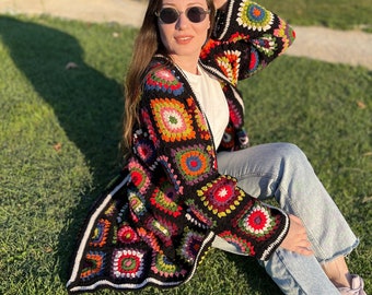 Crochet Granny Square Patchwork Cotton Cardigan, Oversized Maxi